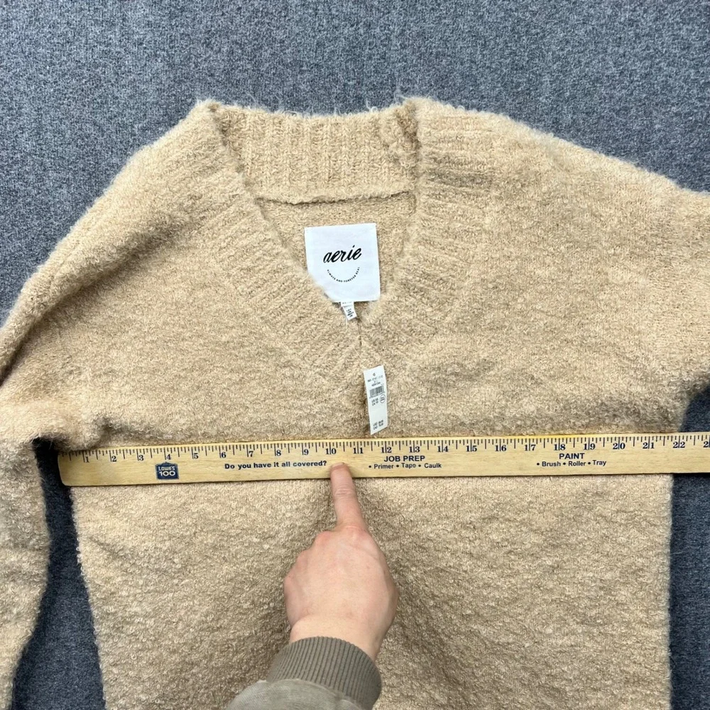 Aerie Sweater Women XS Tan V-Neck Boucle Knit Long Sleeve Pullover 065-0745-3312